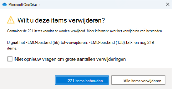 Schermopname van de OneDrive-bevestigingsprompt voor het verwijderen van veel bestanden