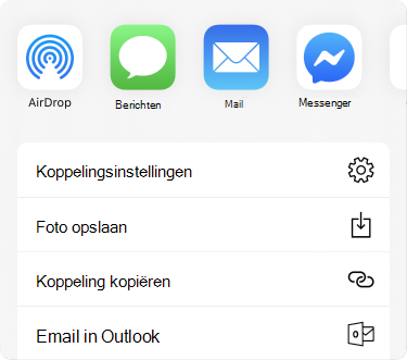 Menu met apps delen bovenaan en een lijst met opties voor delen eronder.