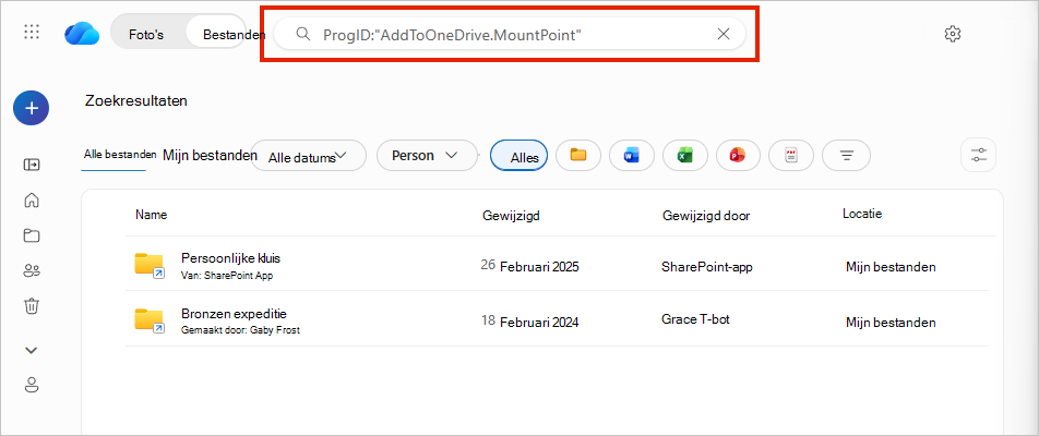 Zoeken in OneDrive naar ProgID: AddToOneDrive.MountPoint, met twee snelkoppelingsresultaten voor mappen en een locatiekolom.