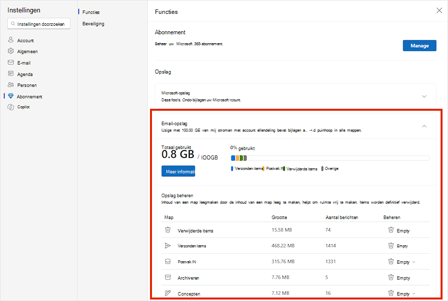 Outlook.com Abonnementsinstellingen met uitgebreid Email opslaggebruik en de opslagruimte die door elke map wordt gebruikt.