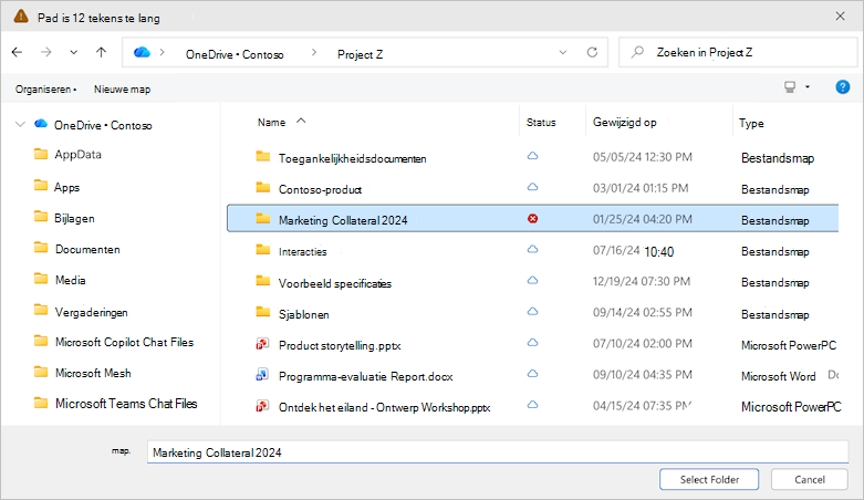 Schermafbeelding van het OneDrive-dialoogvenster Map selecteren.