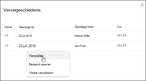 Deelvenster Versiegeschiedenis