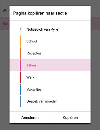 Het menu Pagina kopiëren naar sectie in OneNote voor Android