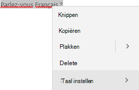 Geselecteerde Franse tekst met contextmenu voor het instellen van de taal.