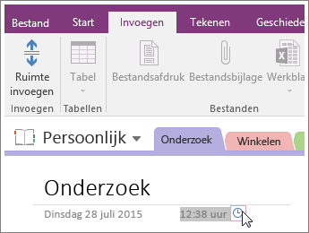 Schermafbeelding van het wijzigen van de tijdstempel op een pagina in OneNote 2016.