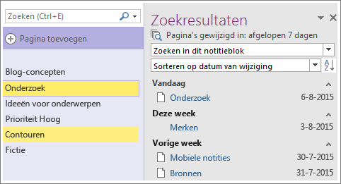 Schermafbeelding van de zoekresultaten in datumbereik in OneNote 2016.