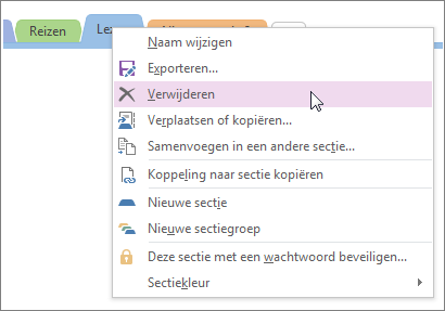 Screenshot of how to delete a section in OneNote 2016.