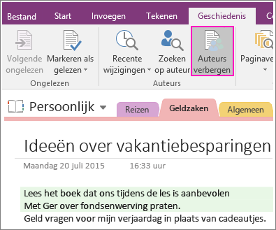 Schermafbeelding van de knop Auteurs verbergen in OneNote 2016.