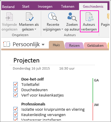 Schermafbeelding van de knop Auteurs verbergen in OneNote 2016.