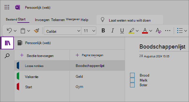 Weergave van de OneNote-webinterface met het inhoudsgebied