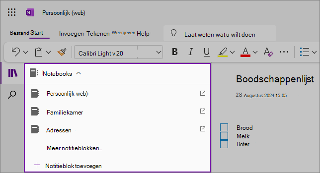 Schermopname van de vervolgkeuzelijst oneNote-notitieblokken
