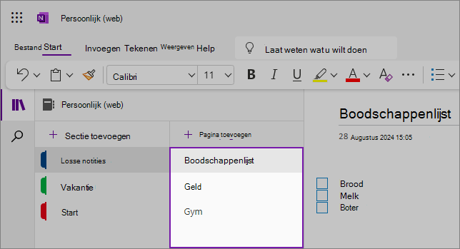 Weergave van de OneNote-webinterface met het inhoudsgebied