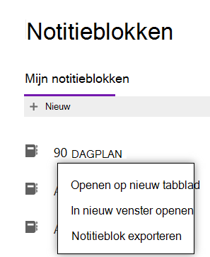 Menu met instructies optie Notitieblok exporteren in OneNote