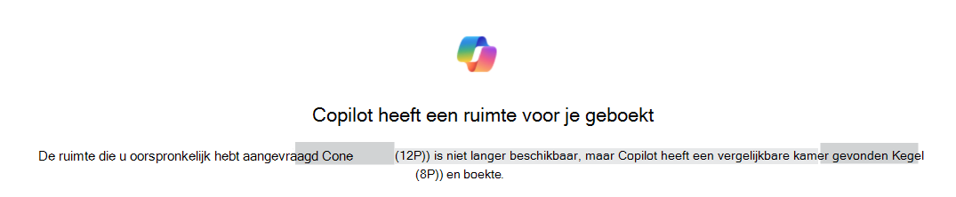Voorbeeld van een Copilot die een ruimte voor u heeft omgeboekt bevestiging met vermelding van de oorspronkelijke en vervangende ruimte.