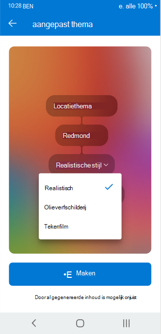 Een scherm met de vervolgkeuzelijstkiezer die wordt gebruikt om configureerbare kenmerken van een aangepast thema in Outlook voor Android aan te passen