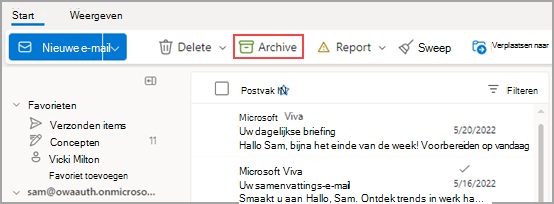 Afbeelding van Archief optie gemarkeerd vanaf het lint.