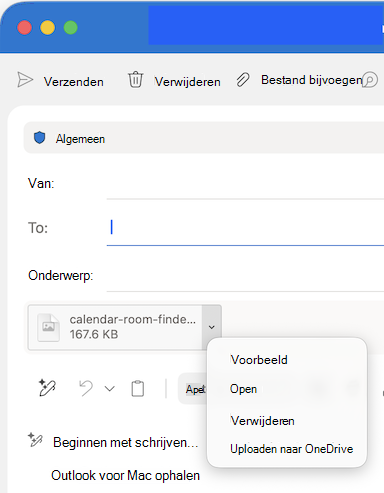 Opties voor vervolgkeuzelijst met bestanden bijvoegen in Outlook voor Mac