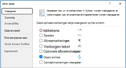 Aanpassen hoe uw e-mailberichten in Outlook worden weergegeven en welke knoppen, tips en andere bewerkingselementen worden weergegeven.
