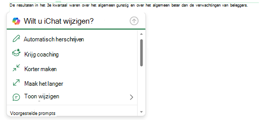 Er is tekst in een e-mailbericht geselecteerd en het Copilot-menu is uitgevouwen om opties weer te geven voor wat u met die tekst kunt doen.