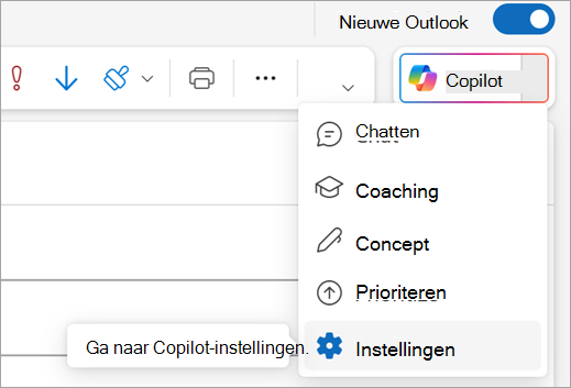 Toont de optie Instellingen in het menu Copilot in de rechterbovenhoek van Outlook.