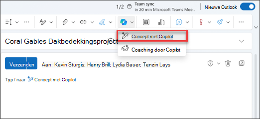 Concept met Copilot vervolgkeuzemenu optie in Nieuwe Outlook