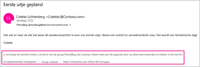 Alle e-mailberichten die gasten van groepsleden ontvangen, hebben een voettekst met instructies en koppelingen