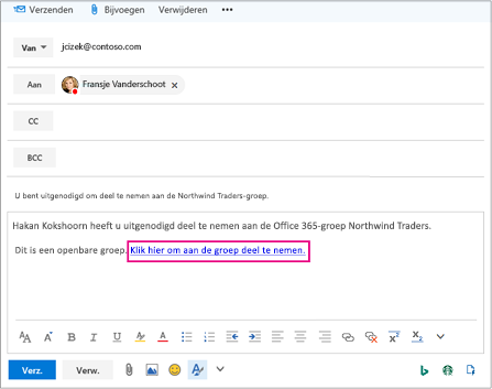 Email met koppeling waarin een gebruiker wordt uitgenodigd om deel te nemen aan een groep