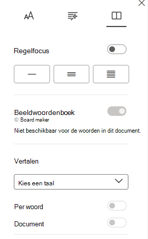 Deelvenster Leesvoorkeuren met de opties Taal vertalen, Per woord en Document.