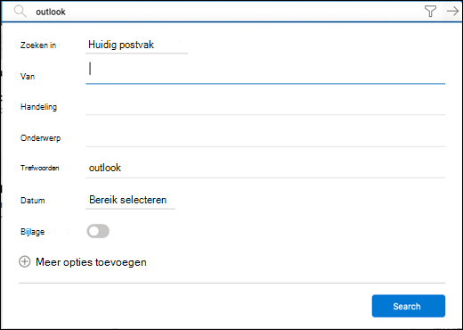 Filtermenu voor zoeken.