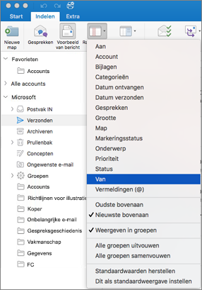 Sorteer uw e-mail op verschillende manieren door te klikken op Rangschikken >> op en te selecteren in de lijst met opties