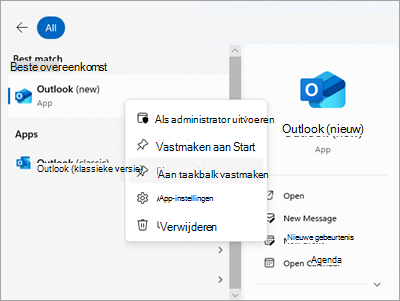 Schermopname van Outlook in Start met Vastmaken aan taakbalk