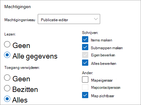 Schermopname van publicatie-editor geselecteerd als machtigingsniveau