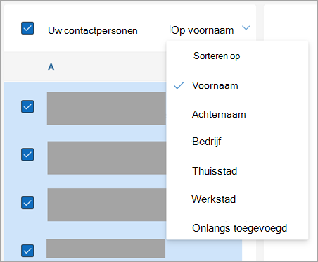 Schermafbeelding van opties voor het sorteren van contactpersonen