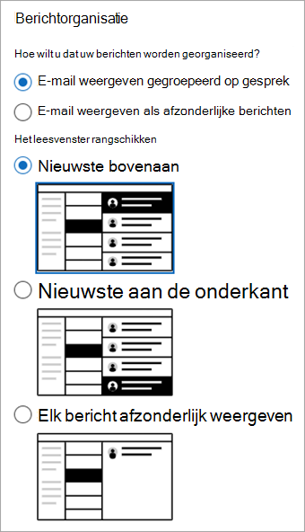 Schermopname van de sectie Instellingen > e-mailindeling> met de sectie Berichtorganisatie