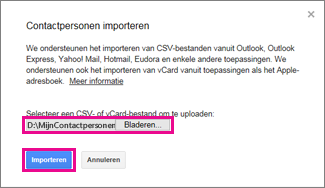 Google Gmail - dialoogvenster voor importeren van contactpersonen