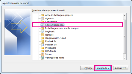 Exportwizard van Outlook - contactpersonen kiezen