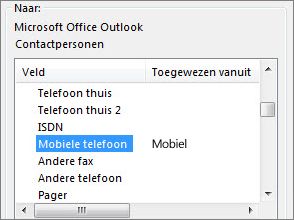 Mob. nr. is toegewezen aan het veld Mobiele telefoon in Outlook