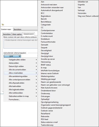 Menu met geavanceerde zoekvelden