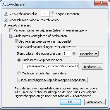 Dialoogvenster met instellingen van AutoArchiveren