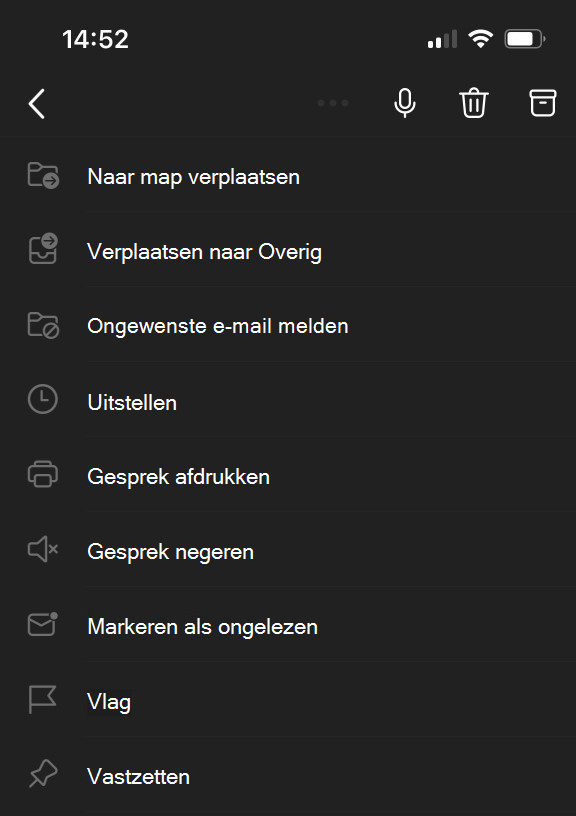 Beletseltekenmenu boven aan het scherm voor Outlook Mobile