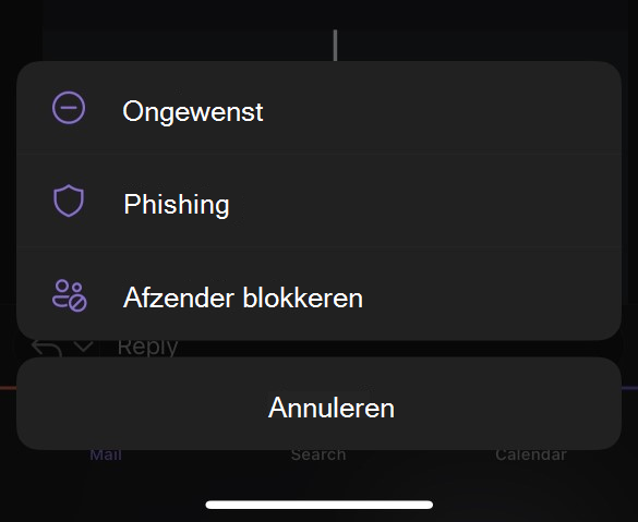 Submenu Ongewenste e-mail voor Outlook Mobile