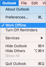 Hiermee wordt het Outlook-menu weergegeven met de optie Offline werken geselecteerd
