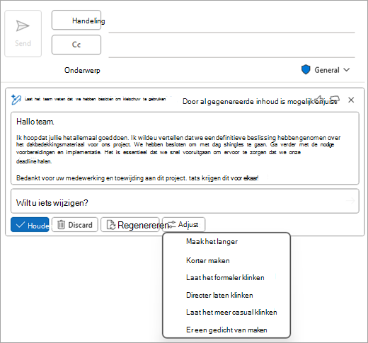 Toont de klassieke e-mailpagina van Outlook, met een Copilot-concept en de opties aanpassen weergegeven.