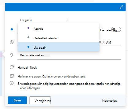 Schermafbeelding van een gebeurtenisdialoogvenster met de geselecteerde opties, waaronder de lijst Calendar en Uw gezin.