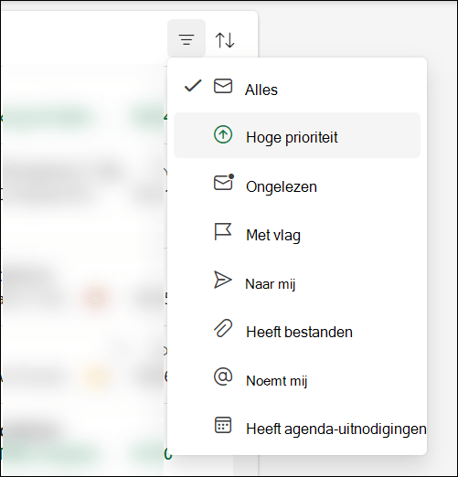 Het berichtfiltermenu in Outlook waarin wordt weergegeven dat hoge prioriteit een optie is.