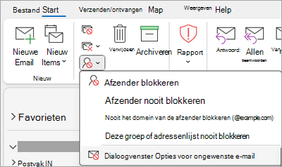 Schermopname van de vervolgkeuzelijst Afzender blokkeren met opties voor ongewenste e-mail geselecteerd