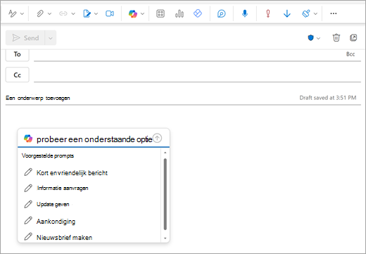 Toont de pagina Nieuwe Outlook-e-mail met een promptvenster geopend waar u normaal gesproken uw e-mail begint te typen.