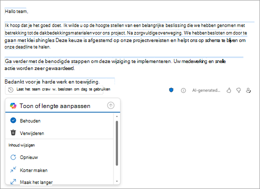 Toont de pagina Nieuwe Outlook-e-mail met een concept dat is gemaakt door Outlook. Onder het concept staan opties om het concept te behouden, te verwijderen of te wijzigen.