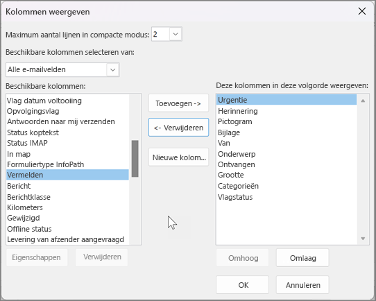 Instellingen voor kolommen in Outlook weergeven 