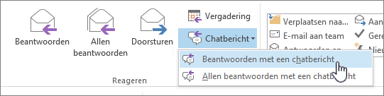 Geopende vervolgkeuzelijst Groep beantwoorden met een chatbericht en Beantwoorden met een chatbericht gemarkeerd